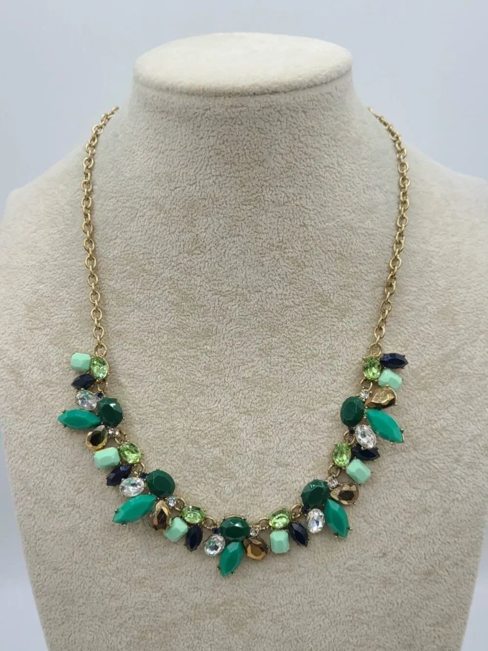 J Crew Green Resin Clear Crystal Gold Tone Necklace